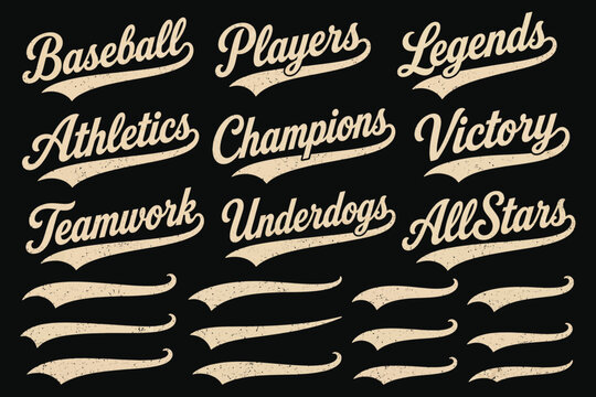 Vintage baseball script swooshes and swashes with dynamic retro wave tails. Athletic lettering and typographic underlines for sports logos, apparel, and branding.