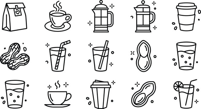 Coffee and beverage line icon set featuring peanuts french press cups drinks cocktail and cafe elements vector illustration