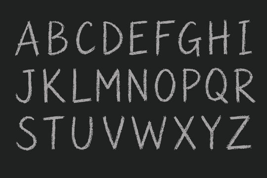 Hand drawn white chalk alphabet set on blackboard background, handwritten chalk lettering collection