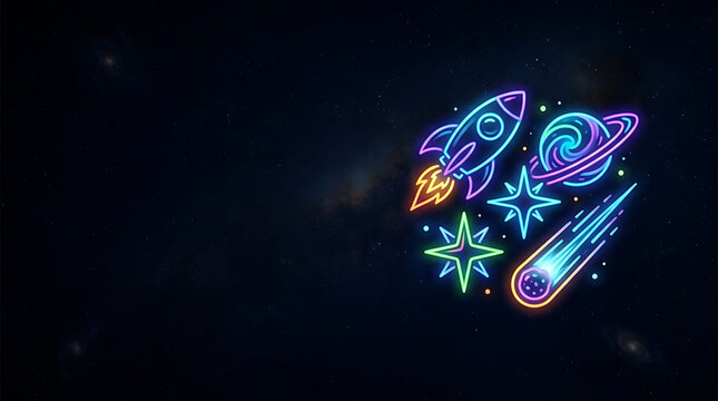 Neon space icons with rocket and planets on dark background