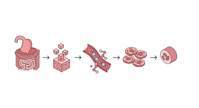 Detailed diagram illustrating human digestive system from stomach and intestines to nutrient absorption in bloodstream and cells.
