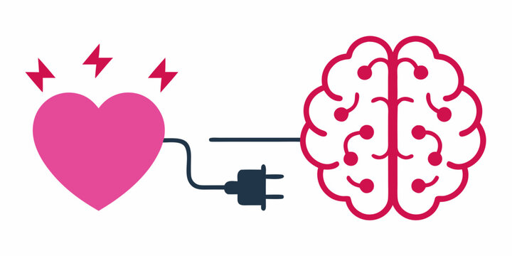brain connected to heart with plug vector