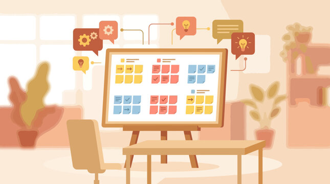 Illustration shows a colorful diagram on an easel in a modern office setting with plants