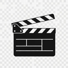 Fototapeta premium Silhouette of a movie clapperboard in an open position with black and white diagonal stripes, featuring fields for film production data, isolated on a transparent grid icon.