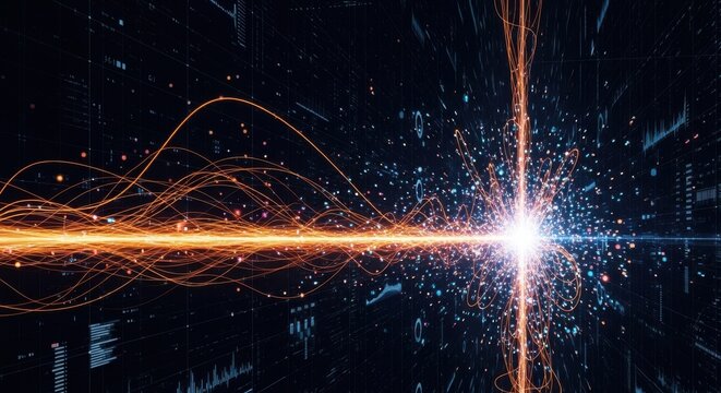 Abstract digital data flow and network connection background with glowing light particles and wave lines