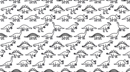 Dinosaur Pattern - Cute Hand-Drawn Line Art of Various Dinosaurs on White Background © Bebel