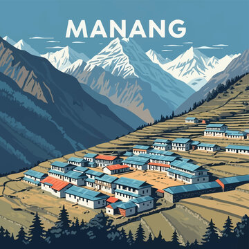 Vector illustration of the Manang village in Nepal, featuring traditional houses with blue and red roofs, terraced fields on mountain slopes, and high snow-capped Himalayan peaks.