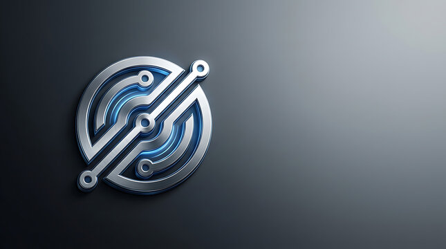 Futuristic chrome circuit symbol with glowing blue accents