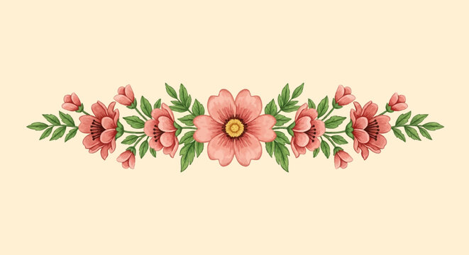 Vintage botanical illustration of a horizontal floral border featuring a central pink flower flanked by symmetrical blossoms, rosebuds, and green leaves on a beige background.