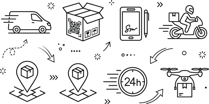 Logistics and fast delivery line icon set featuring shipping van cardboard box smartphone signature drone motorcycle vector illustration