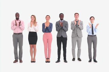 Fototapeta premium A diverse group of six professionals stands in a row, all wearing business attire and clapping their hands in unison, expressing approval and celebration.