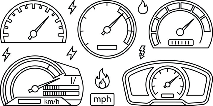 Car speedometer and dashboard gauge line icon set featuring tachometer odometer vehicle speed indicator instrument panel vector illustration