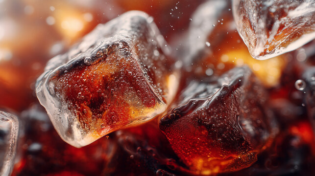 Close-up of ice cubes in a dark, fizzy beverage, creating a refreshing and invigorating visual.
