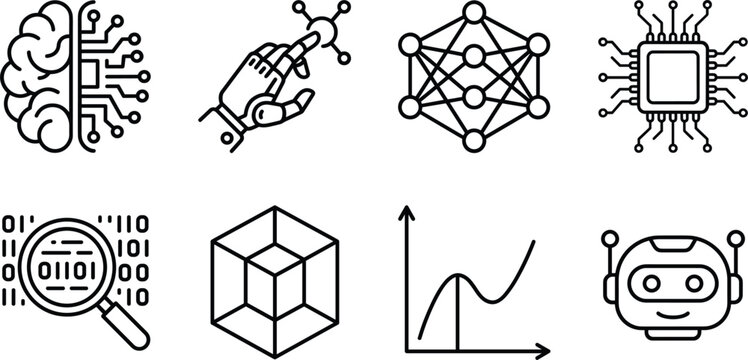 Artificial intelligence and deep learning line icon set featuring robot chatbot microchip neural network data brain vector illustration