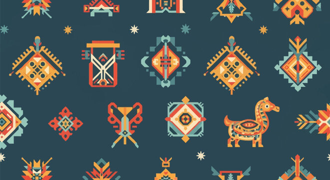 Seamless ethnic pattern featuring geometric tribal symbols, stylized animal figures, diamond motifs, and folk art icons in orange, red, and yellow on a dark teal background.