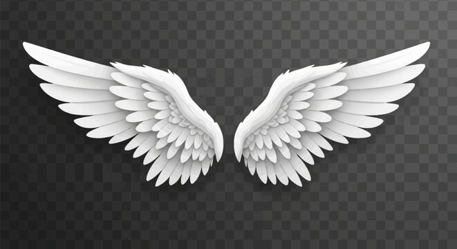 Detailed pair of 3D white angel wings featuring layered feathers and realistic shadows, isolated on a transparent checkerboard background for composite design and creative art.