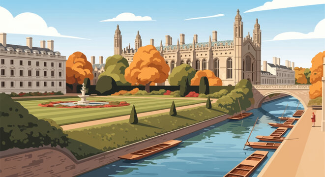 Vector illustration of Cambridge University buildings and the River Cam in autumn, featuring gothic architecture, wooden punting boats, a stone bridge, manicured lawns, and orange trees.