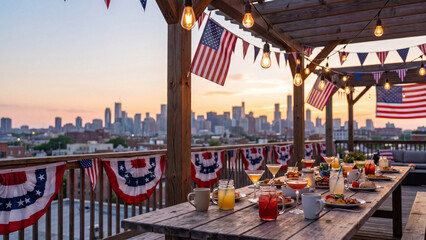 Naklejka premium Rooftop terrace overlooking a city skyline features a wooden dining table decorated with American flags and bunting for a celebratory evening gathering during sunset.