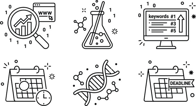 Search engine optimization line icon set with laboratory flask DNA calendar computer keyword ranking deadline vector illustration design