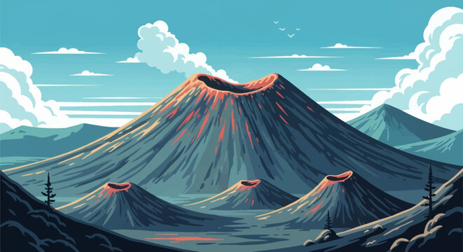 Vector illustration of a large dormant volcano peak with smaller parasitic cones in a mountain range, featuring a bright blue sky with cumulus clouds and flying bird silhouettes.