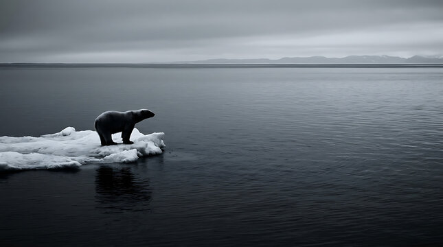 Polar bear standing on small ice floe in vast arctic sea