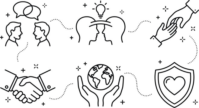Communication and empathy line icon set featuring handshake global care help support brain connection mind protection vector illustration.