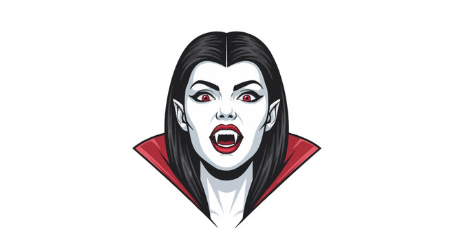 Vector illustration of a female vampire with pale skin, sharp fangs, and glowing red eyes, featuring long black hair and a high-standing red collar, isolated on white for horror and Halloween themes.