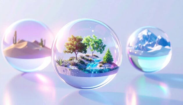 Glass orbs with miniature landscapes inside.