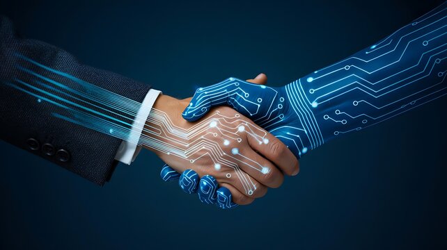 Human and artificial intelligence handshake representing digital collaboration