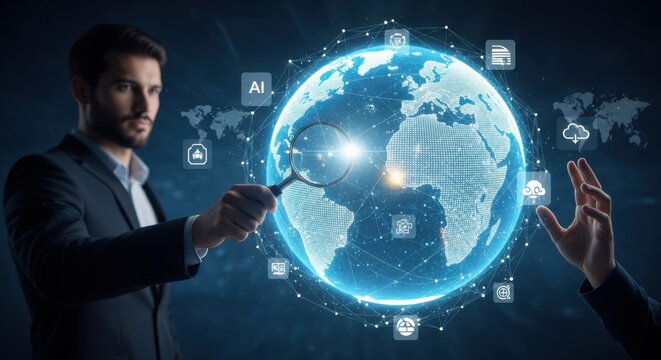 Businessman using a magnifying glass to analyze a digital globe with ai and technology icons