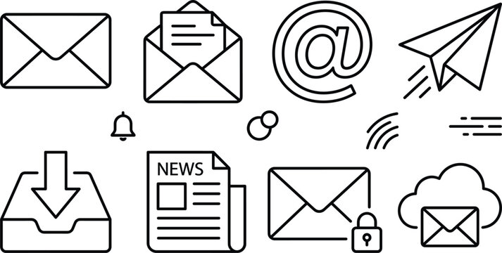 Email and communication line icon set featuring envelope newsletter paper plane secure mail inbox cloud vector illustration