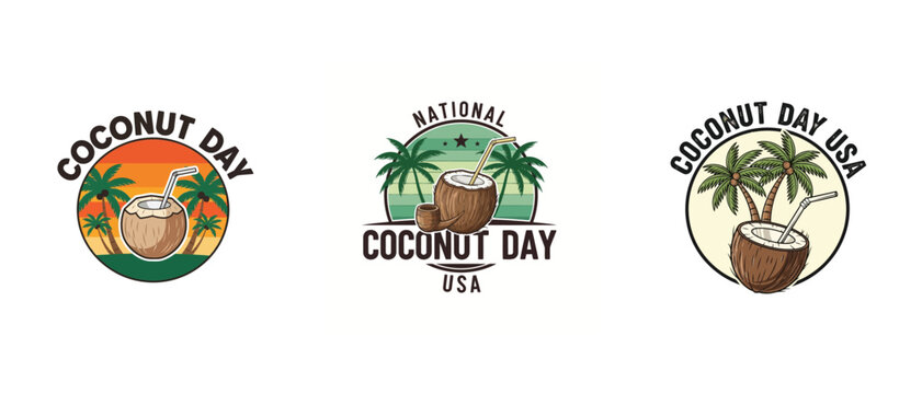 Set of vintage coconut day emblems, labels, badges, logos with palm trees and coconuts with straws, vector illustration isolated on white background t shirt vacation