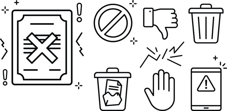 Rejection and error line icon set with cancel document prohibition dislike trash bin stop warning vector illustration design.