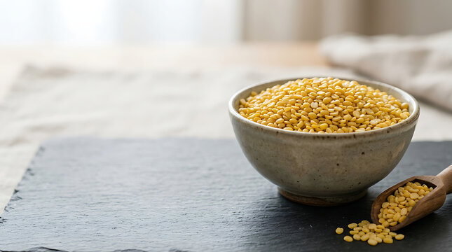 Yellow split peas in a ceramic bowl on dark slate
