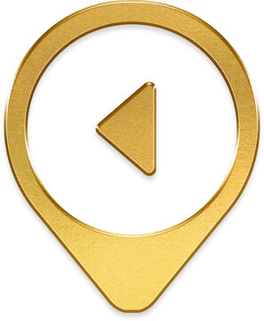 Glossy golden caret back icon on bold metallic pin badge design