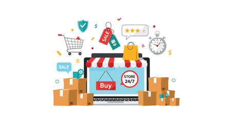 Naklejka premium E-commerce platform concept features a laptop storefront with shopping bags, delivery boxes, and various promotional sales tags.