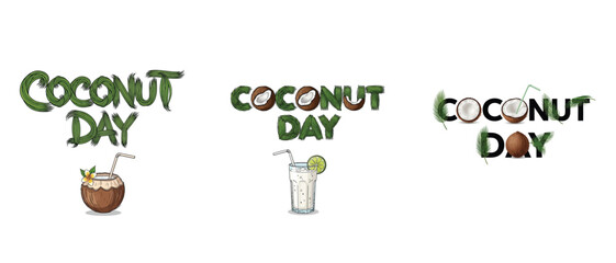 Fototapeta premium Set of coconut day lettering designs with tropical elements, coconuts and drinks isolated on white background t shirt vacation