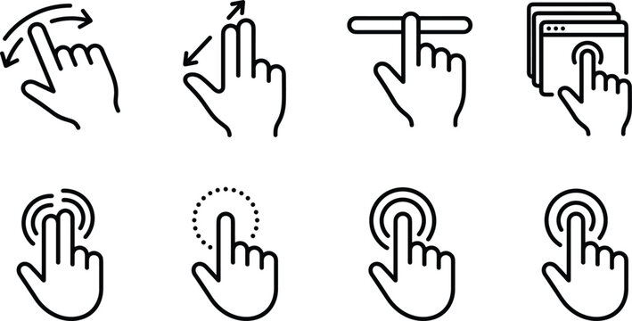 Touch screen hand gestures line icon set featuring swipe zoom drag browser click tap double tap vector illustration