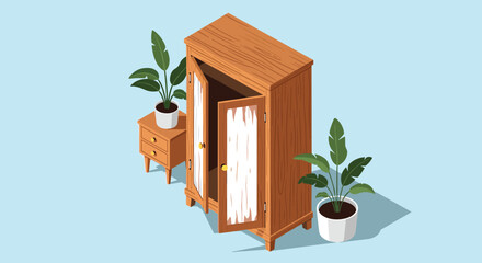 Fototapeta premium Modern bedroom furniture arrangement features an open wooden wardrobe placed between two indoor plants on a light blue floor.