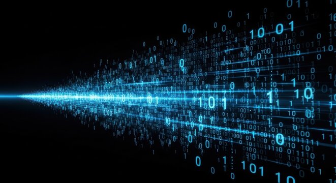 Abstract binary code stream with glowing numbers on black background