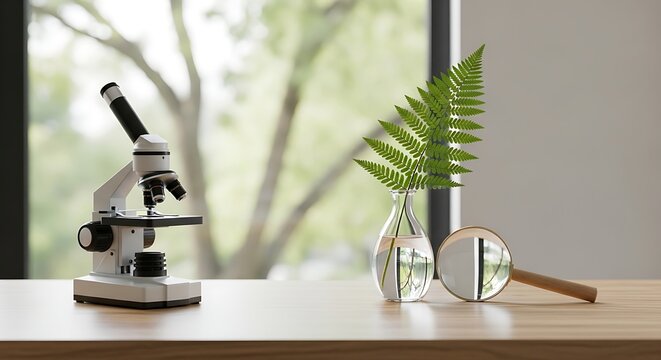 Microscope next to fern and magnifying glass on wood table near window