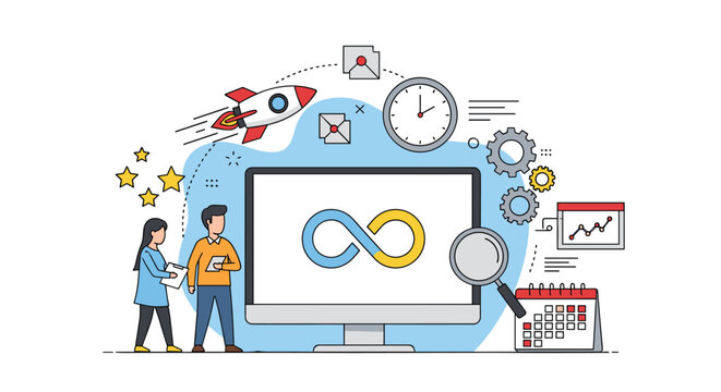 Software development lifecycle dashboard shows an infinity symbol representing continuous integration and deployment workflows.