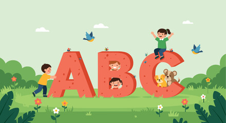 Fototapeta premium Happy children play around large red alphabet letters in a sunny park setting with birds, dogs, and blooming flowers.
