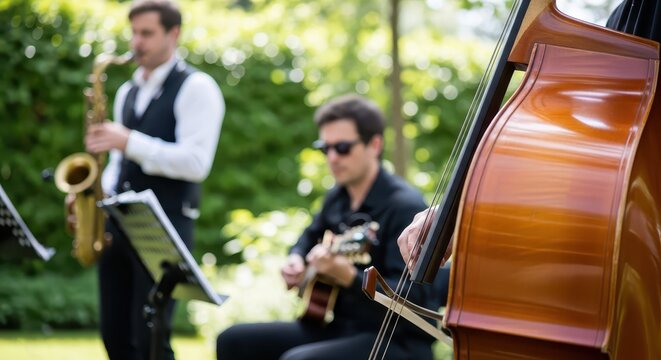 Professional Jazz Band Performing Outdoors with Double Bass, Guitar, and Saxophone in a Lush Green Garden Setting