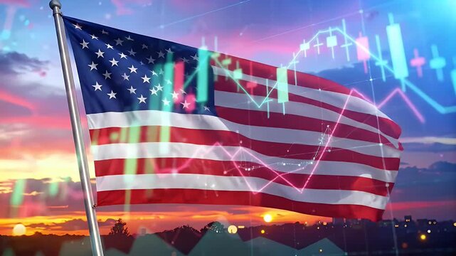 United States flag at sunset with financial chart in background