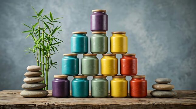 Susunan piramida toples keramik warna warni berdampingan dengan bambu dan batu zen melambangkan keseimbangan pikiran dan relaksasi terapi spa