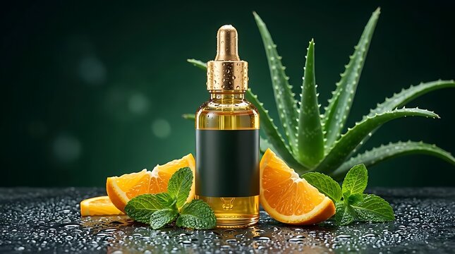 Botol pipet berlabel hitam kosong menyajikan minyak esensial dengan lidah buaya dan jeruk melambangkan kemewahan produk perawatan kulit organik murni