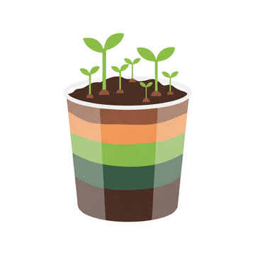 A stylish indoor vermicompost bin showing layers of organic soil and young sprouts emerging from the top. Clean, odorless, and modern environmental concept. Colors: Earth Brown, Forest Green,
