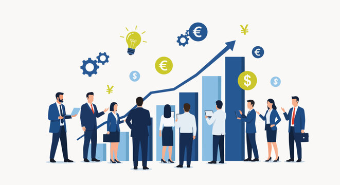 Diverse team analyzing growing bar chart with currency symbols and lightbulb, concept for financial growth, business strategy and team collaboration.