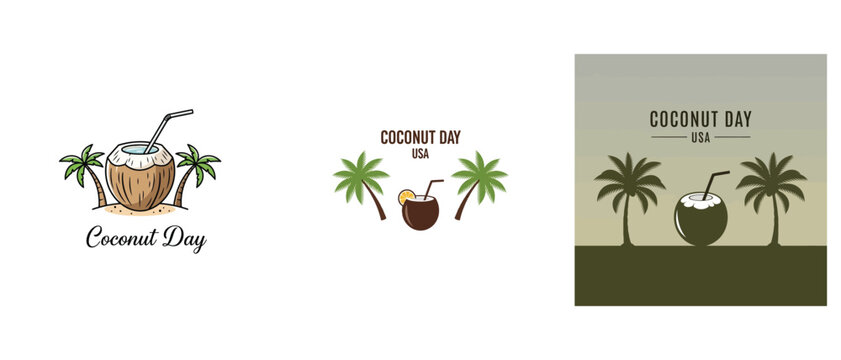 Set of coconut day logos with palm trees and coconut drinks, tropical summer vacation concept, vector illustration t shirt vacation